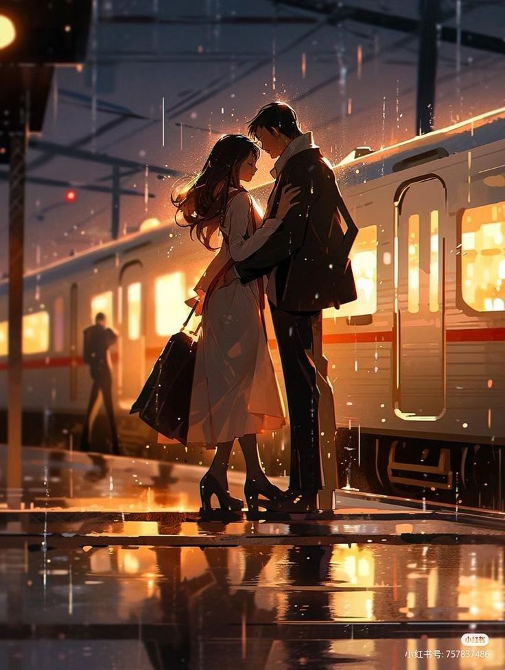 "Romantic Love Story of Subham and Parisha at a rainy train station anime style"